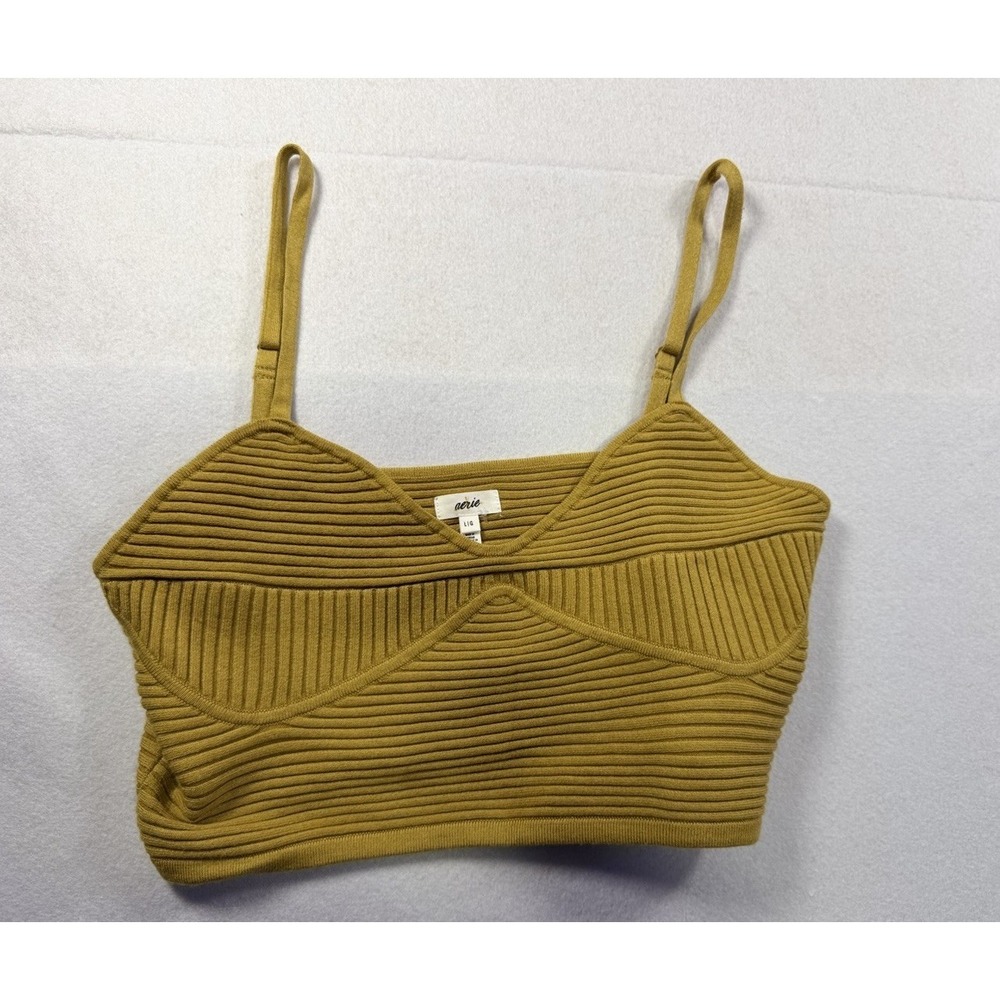 Aerie Mustard Yellow Ribbed Knit Crop Tank Top Bra Style Size L Soft